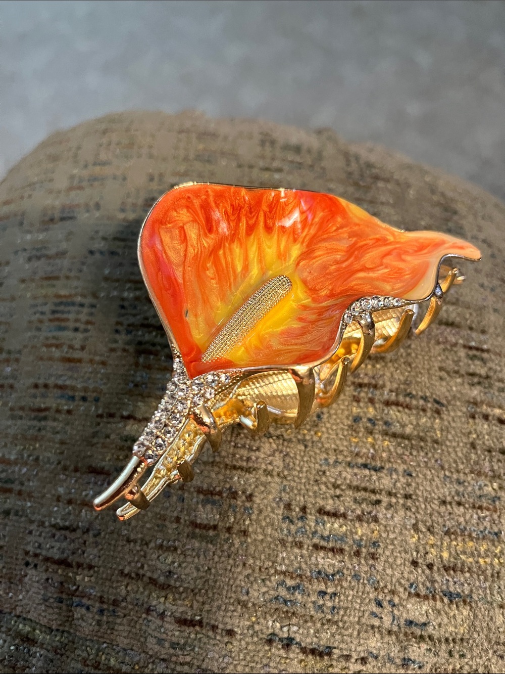 Gold Floral Enamel Hair Clip in Orange and Yellow